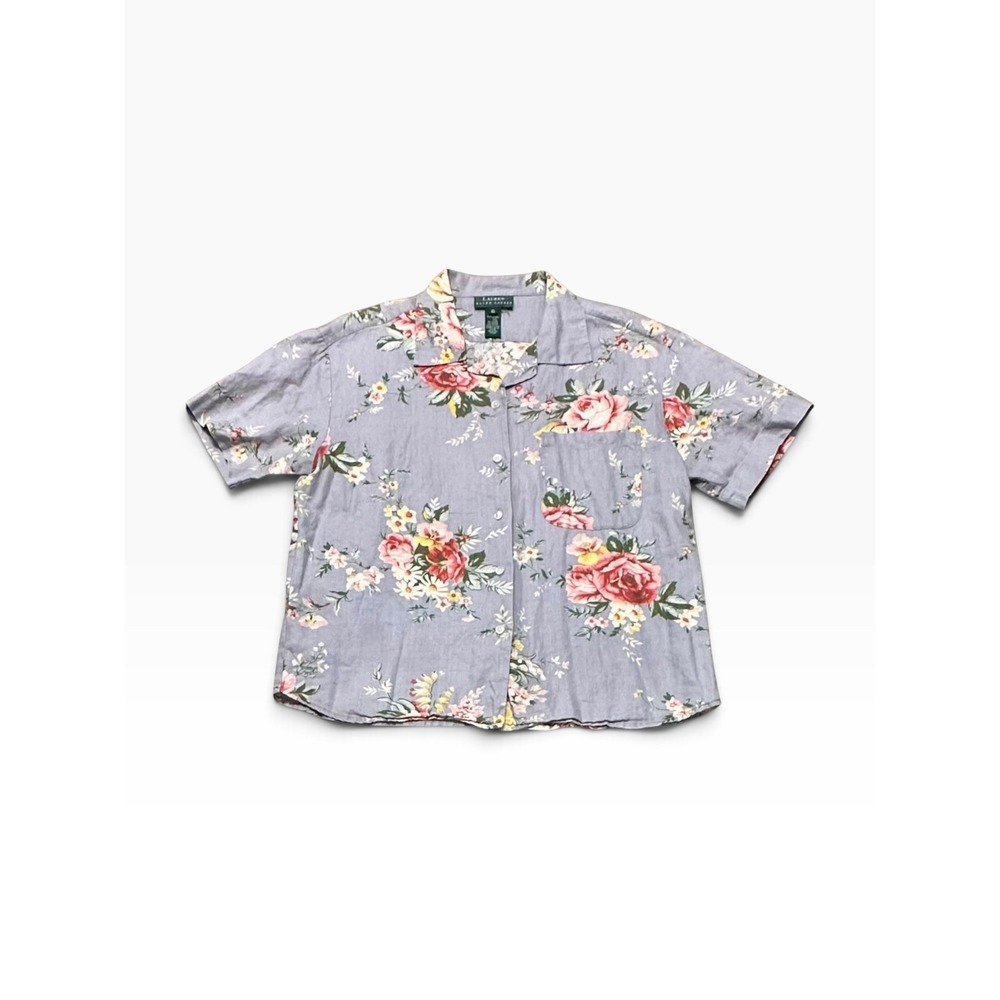 Lauren Ralph Lauren Shirt Womens 10 Blue Floral Linen Short Sleeve LRL